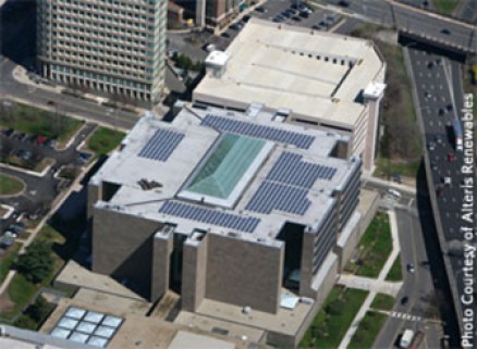 Solar panels atop the Aetna building in Hartford.