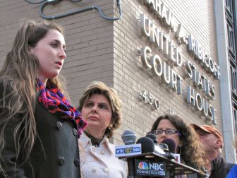 UConn Student Carolyn Luby with her attorney Gloria Allred outside a federal courthouse in Hartford