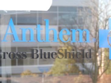 This is a picture of the Anthem Blue Cross and Blue Shield logo at the company's Wallingford headquarters