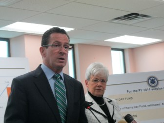 Gov. Dannel P. Malloy and Lt. Gov. Nancy Wyman announced their election-year tax relief at Derby City Hall.