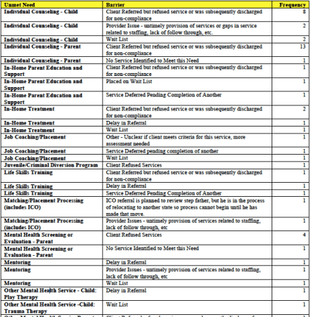 A list of some of the unmet needs of the 55 foster children whose cases were reviewed