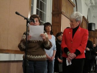 Lt. Gov. Nancy Wyman watches a woman accuse Malloy of supporting efforts to establish a Turkish Islamist school. Malloy said he didn't know what the woman was talking about.
