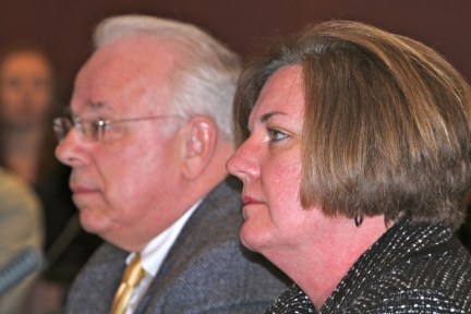 “Colleges face significant hurdles with respect to implementation of this proposal,” Katie Kelley, the dean of student services at Ashnuntuck Community College. Next to her is the college system's assistant counsel, who also has reservations with the bill.