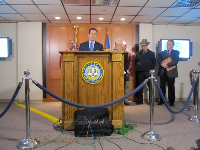 Gov. Dannel P. Malloy at his midday briefing on road salt at the Emergency Operations Center.