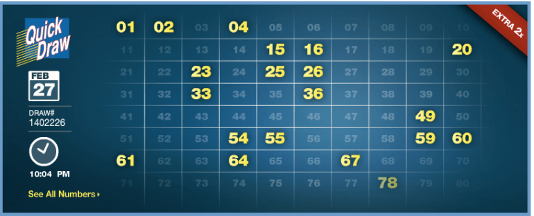 A typical keno game: A video screen with the 20 numbers drawn from a field of 80. 
