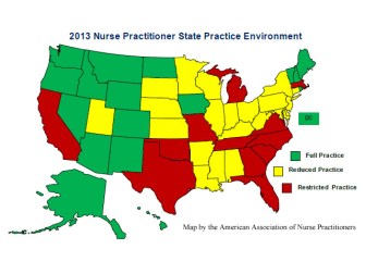 This is a map showing which states allow nurse practitioners to practice independently, with some reduced scope of practice and with restrictions.