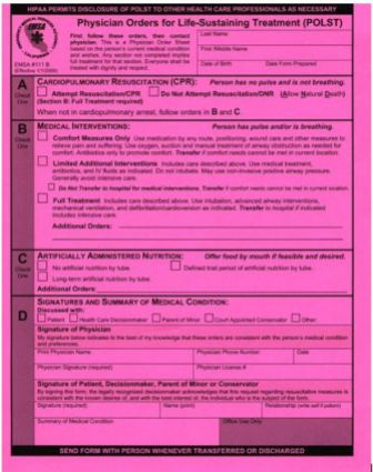 The form used for physician orders for life sustaining treatment in California. The bright color is intended to make it easily recognizable.