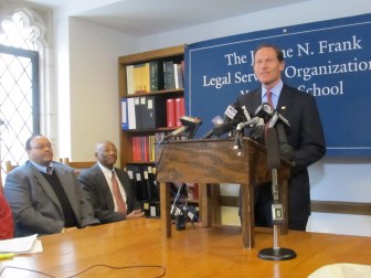 U.S. Sen. Richard Blumenthal speaking at Yale in support of a class-action lawsuit filed Monday on behalf of Vietnam vets denied benefits over discharge status.