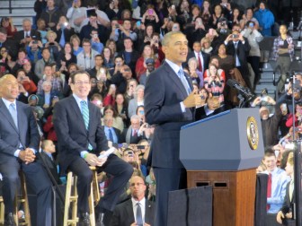 President Obama draws smiles from Govs. Dannel P. Malloy and Deval Patrick.