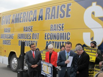Gov. Dannel P. Malloy and Lt. Gov. Nancy Wyman at a minimum wage rally in Hartford.