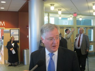 House Speaker J. Brendan Sharkey talks with reporters following a forum on municipal finances at Goodwin College in East Hartford.