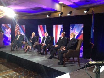 GOP candidates for governor debated in Stamford. From left, Mark Lauretti, Martha Dean, John McKinney, Joe Visconti and Mark Boughton.