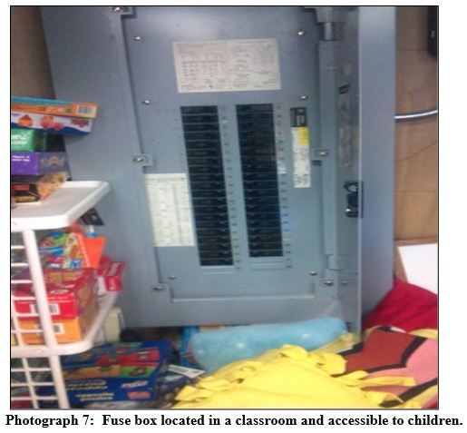 This is a photo of a fuse box located in a classroom, accessible to children, at a day care center that had been inspected by the state before a visit by a federal reviewer.