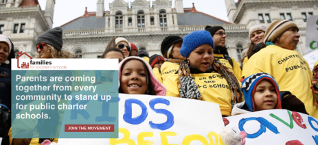 The homepage of the charter advocacy group's homepage. Picture is from a recent rally in front of New York's state capitol.