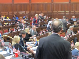 Rep. Arthur J. O'Neill, R-Southbury, questions Rep. Lonnie Reed, D-Branford.