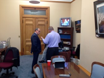House Majority Leader Joe Aresimowicz, right, in House Minority Leader Lawrence F. Cafero's outer office.