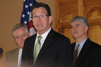 Gov. Dannel P. Malloy with the speaker of the House and Senate president pro tem