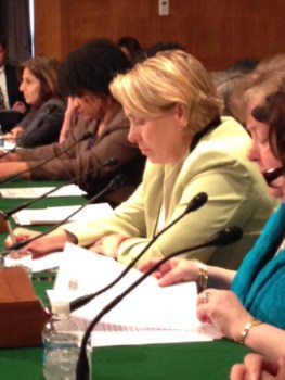 Lori Pelletier, head of the Connecticut AFL-CIO, testifying at Tuesday's Senate hearing.