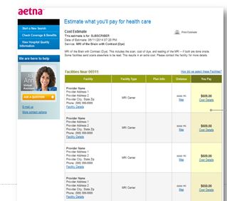 This is A sample page from Aetna's Member Payment Estimator, an online tool for finding out what care will cost.
