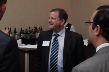 Sen. John McKinney talks with members of the Associated Builders and Contractors’ Connecticut chapter prior to Thursday’s forum at the Sheraton Hartford South Hotel in Rocky Hill.