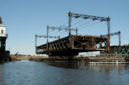 The Walk Bridge, a rail swing bridge over the Norwalk River, is shown in the open position. The Walk Bridge got stuck in the open position twice last year, disrupting rail traffic in the Northeast corridor.