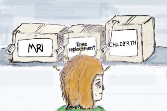 This is an illustration of a woman struggling to figure out what health care will cost.