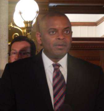 U.S. Transportation Secretary Anthony Foxx addressed Capitol reporters (Gov. Dannel P. Malloy in background)