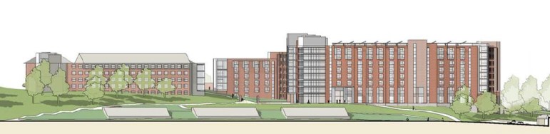 The right-hand structure is an artist's rendering of the propsed new STEM residence hall on the Storrs campus. 