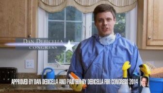 Dan Debicella in his most recent TV ad. He is dressed to "clean up" the mess left by his opponent in Congress.