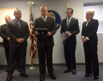 Andrew Matthews announcing his union's endorsement of Gov. Dannel P. Malloy and Lt. Gov. Nancy Wyman.