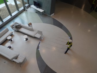 This is a picture of a double helix pattern on the floor of the lobby at the Jackson Laboratory's new building.