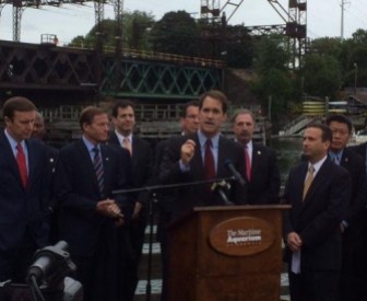 At the Walk Bridge in Norwalk Thursday were, left to right, U.S. Sen. Chris Murphy U.S. Sen. Richard Blumenthal; State Rep. Chris Perone of Norwalk, D-137th; Gov. Dannel P. Malloy; U.S. Rep. Jim Himes at podium; State Rep. Jonathan Steinberg of Westport, D-136th; State Sen. Bob Duff of Norwalk, D-25th; and State Rep. Tony Hwang of Fairfield, R-134th.
