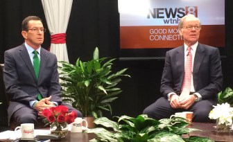 Gov. Dannel P. Malloy and Tom Foley on set at WTNH.