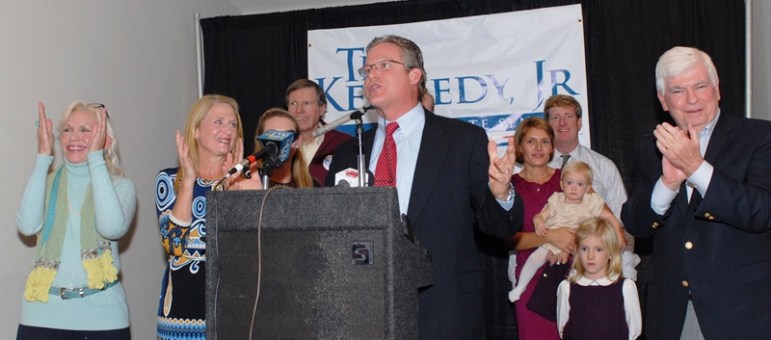 Ted Kennedy Jr. celebrates his victory in the State Senate 12th District. He was supported by former U.S. Sen. Chris Dodd, far right, who was a friend of Kennedy's late father.