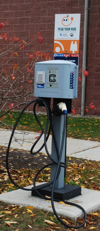 A charging station at the Mansfield Community Center. The town manager drives an electric car.
