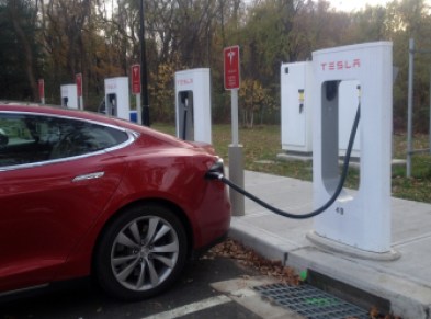A Tesla at a charging station in Greenwich.
