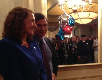 Elizabeth Esty waits to address supporters after winning a second term in Congress