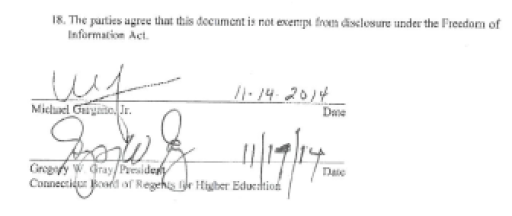 Signatures affixed to the separation agreement between the provost and the system president.
