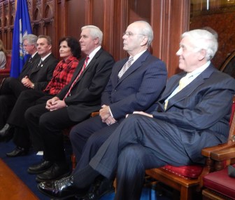 Six former Speakers of the Connecticut House, from left to right, Christopher Donovan, James Amann. Moira Lyons, Thomas Ritter, Richard Balducci and Ernest Abate.