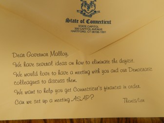 The "back-of-the-envelop" appeal for budget talks from the House and Senate minority leaders, Themis Klarides and Len Fasano