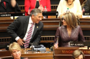Senate Minority Leader Len Fasano and House Minority Leader Themis Klarides during the governor's State of the State address.