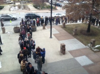 Long lines formed on January 28, 2013 when the Capitol used temporary metal detectors before a public hearing on gun control.