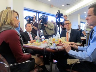 Two pols, two aides and bunch of media. Just another day in the LOB cafeteria.