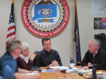 Flanked by Lt. Gov. Nancy Wyman and top aide Mark Ojakian, the governor's mood was light Tuesday afternoon in the Emergency Operations Center. 