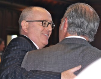 Sen. Andrew Maynard greets Rep. Antonio Guerrera on opening day 2015.