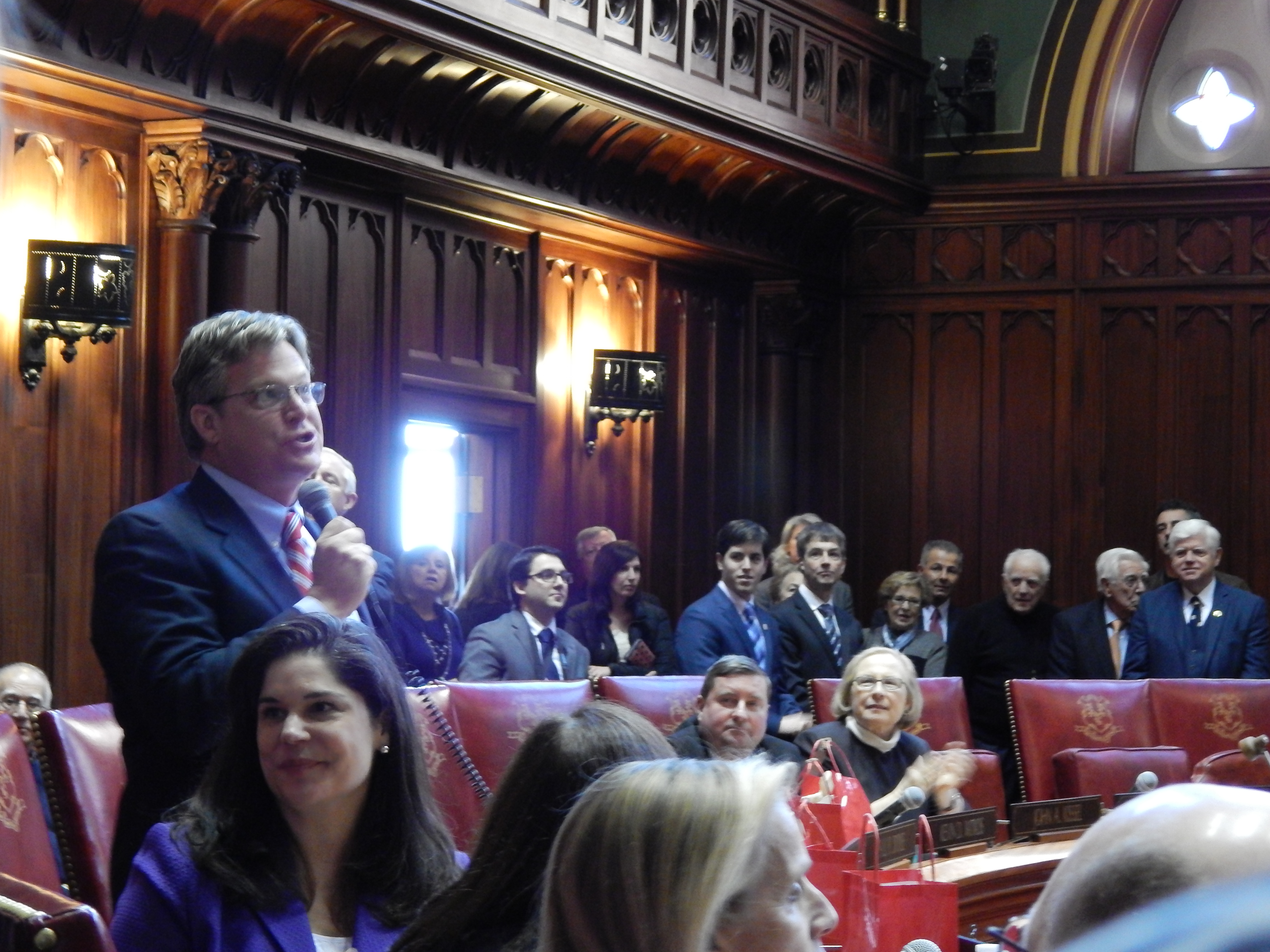 This is a picture of Freshman Sen. Ted Kennedy Jr. addressing fellow senators after being sworn in.