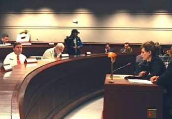 University of Connecticut President Susan Herbst testifies before the legislature's Appropriations Committee Tuesday on the impact of proposed cuts to UConn's budget.