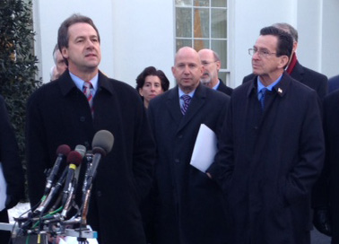 Connecticut Gov. Dannel Malloy, right, with Montana Gov. Steve Bullock at the microphones.