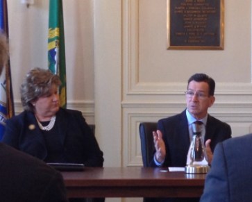 Gov. Dannel P. Malloy and East Hartford Mayor Marcia Leclerc at East Hartford Town Hall Thursday.