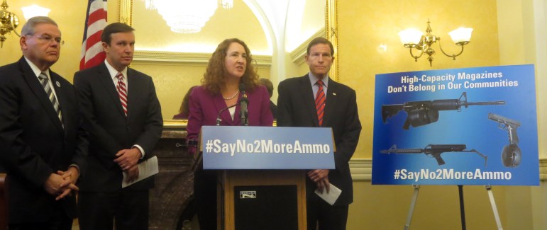 Sens. Robert Menendez, D-NJ, and Chris Murphy, D-CT; Rep. Elizabeth Esty, D-5th, and Sen. Richard Blumenthal, D-CT, introducing the legislation banning large capacity magazines. 
